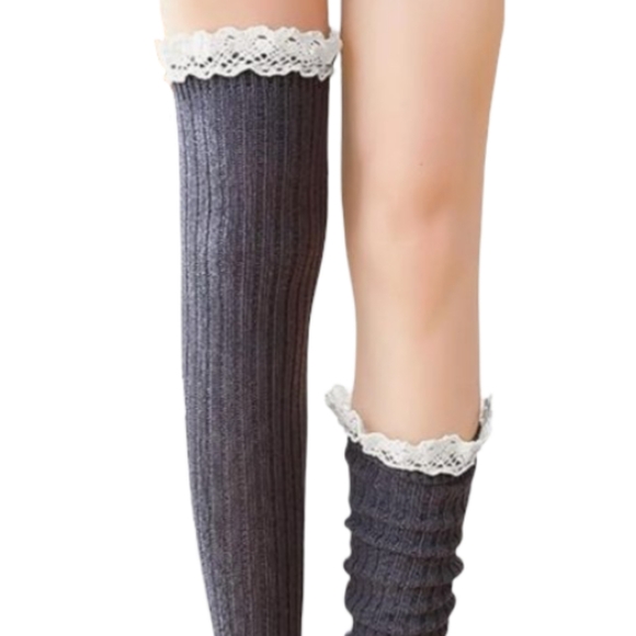 Over The Knee High Slouch Lace Trim Gray Fall Boot Socks Sexy Thigh High OTK New - Picture 5 of 6